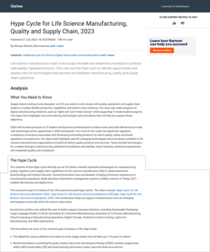 Gartner Hype Cycle for Life Science Manufacturing, Quality and Supply Chain, 2023 Screenshot of Report